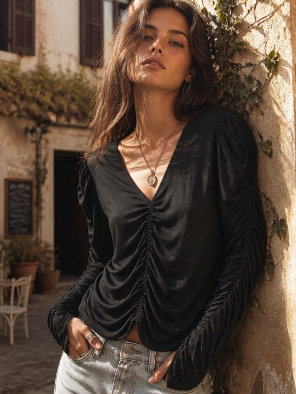 Joie Black Ruched V-Neck Long Sleeve Blouse